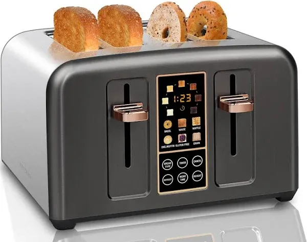 SEEDEEM Toaster 4 Slice, Long Slot Toaster with LCD Display Touch Buttons, 7 Shade Settings, 6 Bread Selection, Stainless Steel Toaster for Bagel, Removable Crumb Tray, 1400W, Silver Metallic