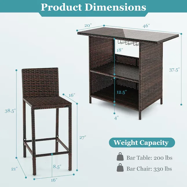 Costway Rectangle Patio Bar Set 3 Piece Outdoor Bistro Set with Glass Table Top, Cozy Backrest and Footrest, Brown Finish Lowes.com