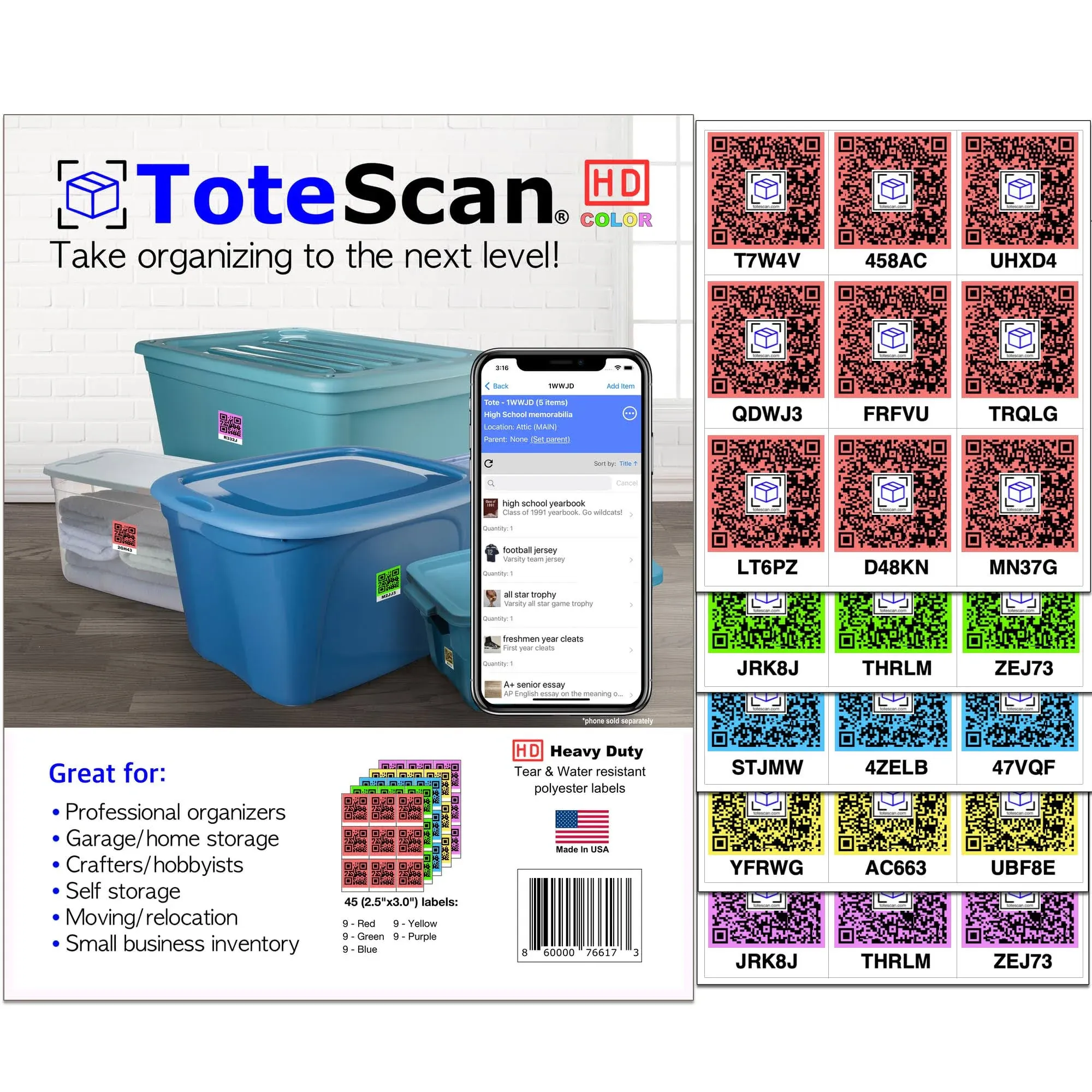 HD Color (Heavy Duty, Tough Labels) Intelligent QR Labels for Organization/Moving/Storage (45 Unique Labels, 2.5"x3")