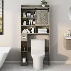 Over The Toilet Storage Cabinet, Farmhouse Storage Cabinet Over Toilet with Sliding Door& Toilet Paper Holder Stand，Home Space-Saving Toilet Rack, for Bathroom, Restroom, Laundry