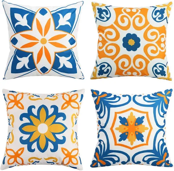 Outdoor Waterproof Throw Pillow Covers Set of 4 Floral Printed and Boho Farmhouse Outdoor Pillow Covers for Patio Funiture Garden 18x18 Inch Yellow