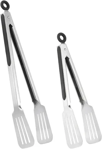 Metal Tongs for Cooking, Set of 2 Stainless Steel Spatula Tongs for Cooking and Grilling, Strong Grip for Meat, Steak and Fish, Comfortable Handle, Easy Pull Lock, 9 inch & 12 inch, Black