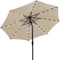 JEAREY 9ft Solar LED Lighted Patio Umbrella, Table Market Umbrella with 8 Ribs/Tilt Adjustment and Crank UV-Resistant Outdoor Umbrella for Garden, Deck, Backyard, Pool and Beach - Beige