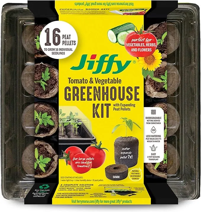 Jiffy 50mm Seed Starting Tomato & Vegetable Greenhouse Kit with 16 Biodegradable Expanding Peat Pellets + Bonus SUPERthrive & Plant Labels