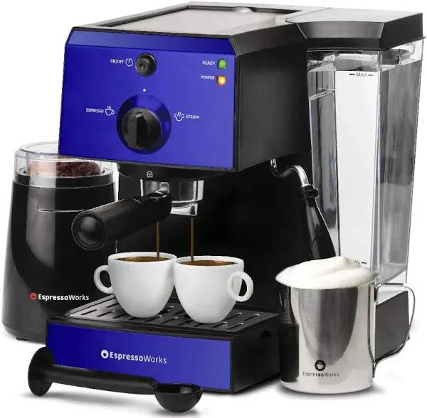 EspressoWorks All-In-One Espresso Machine with Milk Frother 7-Piece Set - Latte Maker Includes Grinder, Frothing Pitcher, Cups, Spoon and Tamper - Coffee Gifts (Stainless Steel)