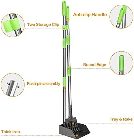 Pooper Scooper, Dog Pooper Scooper Long Handle Stainless Metal Tray and Rake for