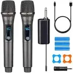 HUACAM Wireless Microphone,Rechargeable Wireless Dual UHF Microphone,Dual Handheld Dynamic Wireless Mic for Karaoke Singing, Wedding, DJ, Party,