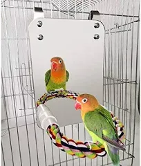 BWOGUE 7 Inch Bird Mirror with Rope Perch Cockatiel Mirror for Cage Bird Toys Swing Parrot Cage Toys for Parakeet Cockatoo Cockatiel Conure Lovebirds Finch Canaries