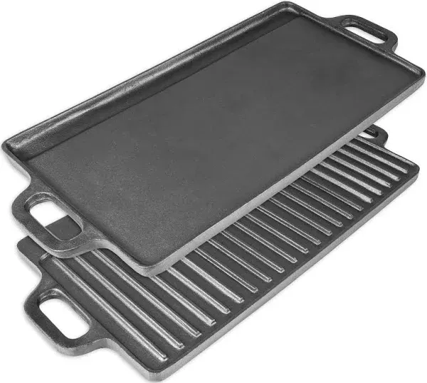 ProSource 2-in-1 Reversible 19.5” x 9” Cast Iron Griddle with Handles, Preseasoned & Non-Stick for Gas Stovetop, Oven and Open Fire.