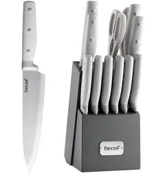 Hecef 14 Pcs Knife Set with Wooden Block Sharp Blades Chef Santoku Steak Knives  | eBay