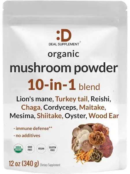 DEAL SUPPLEMENT Organic Mushroom Powder Supplement 12oz – 10 in 1 Active Blen...