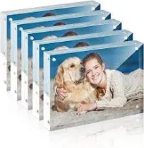 Picture Frames Acrylic, TWING 5 Pack 4x6 Acrylic Frame, Horizontal Magnet Double Sided 4x6 Picture Frame,12+12MM Thick Clear Frameless Desktop Display Self Standing Magnetic Acrylic Block Photo Frame