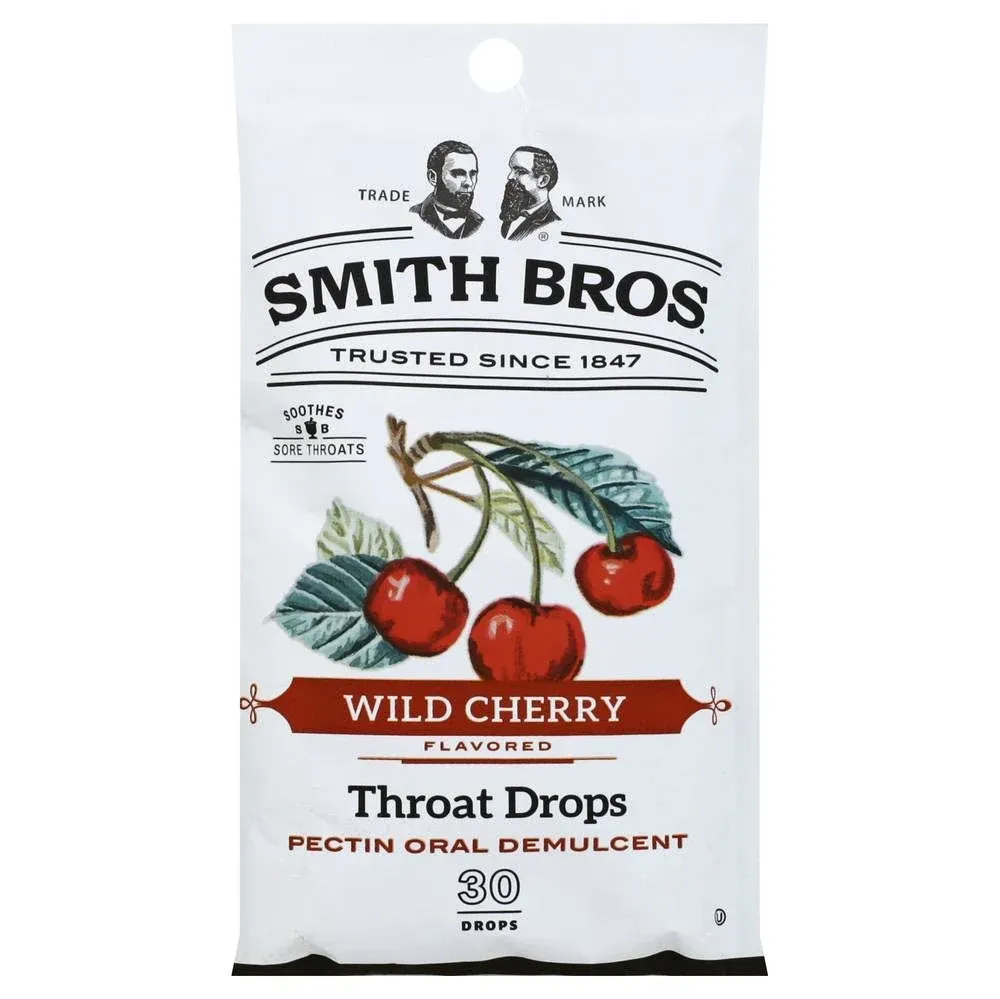 Smith Bros. Wild Cherry Sore Throat Drops, with Pectin - Vintage Candy Throat Lozenges - The Original American Cough Drop, Bag of 30ct Drops (Pack of 3)