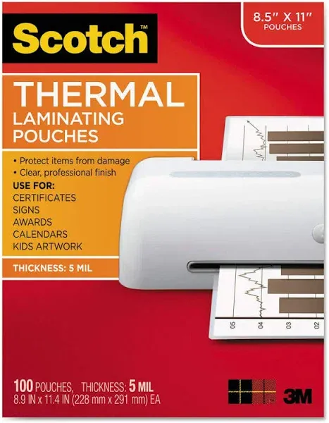 Scotch 3M Thermal Laminating Pouches 100 Pack, 5 Mil, 8.9 x 11.4 (TP5854-100)