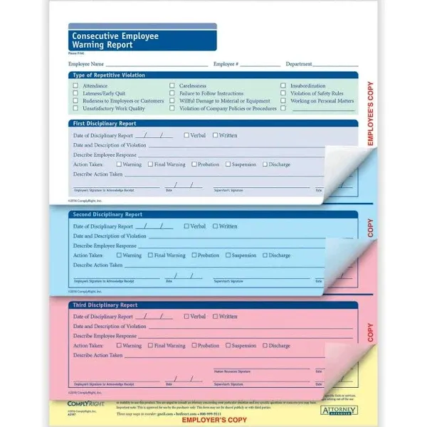 Consecutive Employee Warning Report 4-Part | 8-1/2” x 11” | Discipline Form | 50 Pack