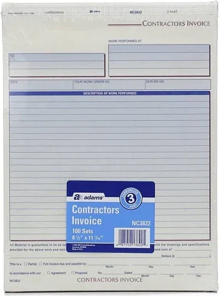 Adams 3-Part Carbonless Contractors Invoice Forms