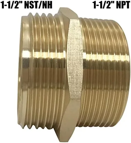 1-1/2" NPT Male x 1-1/2" NST (NH) Male, Brass Hexagonal Nipple Fitting, Fire Equipment Hexagonal Nipple Fire Hose Adapter