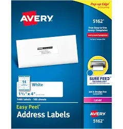 Laser Labels, Mailing,1-1/3&#034;<wbr/>x4&#034;, 1400/BX, White