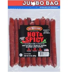 Old Wisconsin Hot & Spicy Sausage Snack Sticks, 28oz Resealable Package, Naturally Smoked, Ready to Eat, High Protein, Low Carb, Keto, Gluten Free