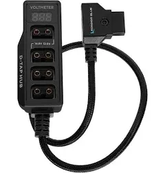 Kondor Blue male D-Tap to 4-Port Female D-Tap Splitter Hub with Voltmeter (16", Raven Black)