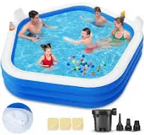 Inflatable Swimming Pool, 90"x 90" x 26" Kiddie Pools with Pump and Seats, Blow up Pool for Kids, Family and Adults, for Backyard, Outdoor, Garden and Indoor