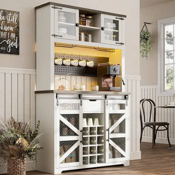 Farmhouse Coffee Bar Cabinet with Power Outlet, LED Light, 70'' Kitchen Buffet with Hutch w/13 Storage Shelves, 12 Wine Rack, Pegboard, Liquor Cabinet for Home & Dining Room