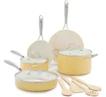 GreenLife Artisan Healthy Ceramic Nonstick, 12 Piece Cookware Pots and Pans Set, Stainless Steel Handle, PFAS-Free, Dishwasher Safe, Oven Safe, Yellow