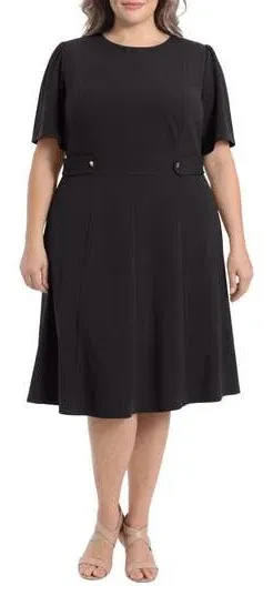 London Times Women's Puff-Sleeve Tab-Detail Fit & Flare Dress