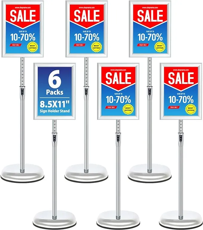 6Packs Floor Standing Sign Holder Stands for Display 8.5x11Inch Pedestal Poster Sign Stand, Adjustable Sign Holder Stand for Vertical & Horizontal View Sign Display Stand, Silver