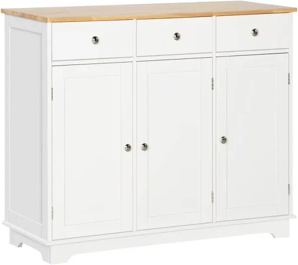 Homcom Modern Sideboard with Rubberwood Top, Buffet Cabinet with Storage Cabinets, Drawers and Adjustable Shelves for Living Room