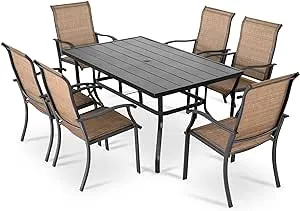 NUU GARDEN 7 Pieces Patio Dining Set, All-Weather Outdoor Furniture with 6 Textilene Dining Chairs and 61" Rectangle Metal Dining Table with Umbrella Hole for Patio Deck Garden, Black and Brown