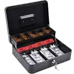 Cash Box with Money Tray, Durable Large Steel Money Boxes, 5 Compartment Tray, 4