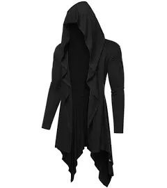 COOFANDY Long Hooded Cardigan Ruffle Shawl Collar Open Front Lightweight Drape Cape Overcoat with Pockets