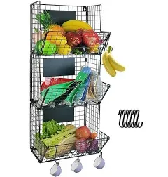 3 Tier Wall Mounted Metal Wire Fruit Storage Basket, Hanging Kitchen Fruit Produce Storage Bins Organizer with S-Hooks and Adjustable Chalkboards, Multipurpose Bathroom Rack/Stand(Black)