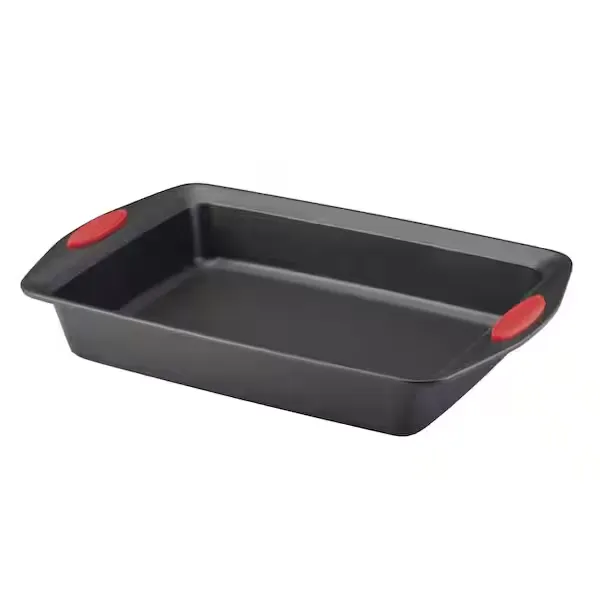 Rachael Ray Yum-o! Nonstick Bakeware Oven Lovin Rectangle Cake Pan, 9-Inch by 13-Inch, Gray with Red Handles 47959