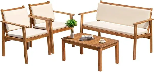 Greesum 4 Piece Bistro Patio Furniture Outdoor Chat Chair Set with Water Resistant Cushions and Coffee Table for Beach Backyard Garden, Acacia Wood