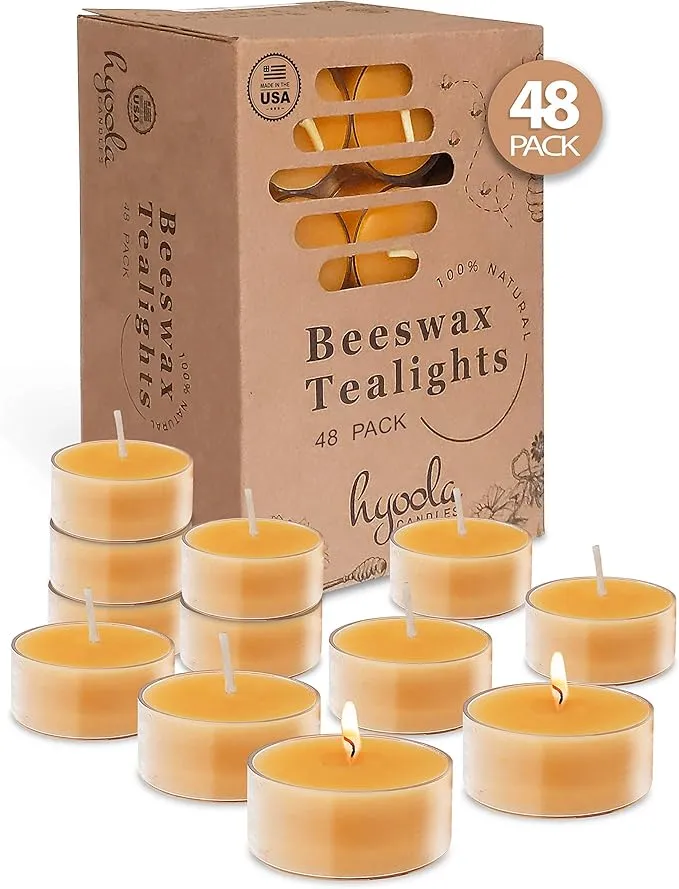 Pure Beeswax Tea Lights - 48 Pack - Handmade Decorative Unscented - Tealight Candles - 4 Hour Burn Time, Clear Cup