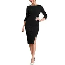 Allegra K Women's Elegant Boat Neck 3/4 Sleeves Work Midi Split Sheath Dress