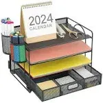 Marbrasse 4-Trays Desktop File Organizer with Pen Holder | Paper Letter Tray with Drawer and 2 Pen Holder | Mesh Office Supplies Desk Organizer for Home Office