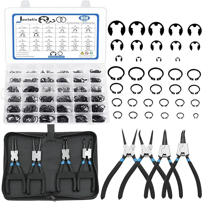 850Pcs C-clip External Retaining Rings Snap Rings Assortment Kit Circlip Alloy Steel(M4-M28) + E-clip Retaining Rings Assortment Set(1.5mm-15mm) + 4-Piece 7-inch Snap Ring Pliers Set