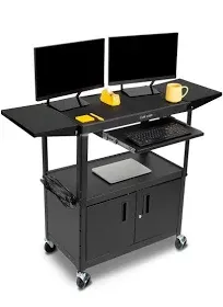 Line Leader Rolling AV Cart with Locking Cabinet, Laptop Stand, and Drop Leaves, Height Adjustable Mobile Utility Cart Workstation with Extra Storage Space, UL-Listed Power Strip (Black / 46 x 18)