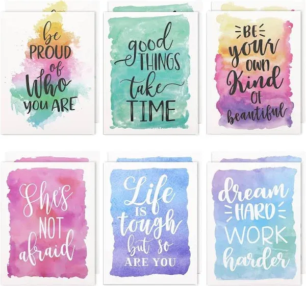 12 Pack Inspirational 2 Pocket Folders, Letter Size, 6 Decorative Motivational Designs for School, Home, Office, Women Girls (9x12 inch) - Watercolor