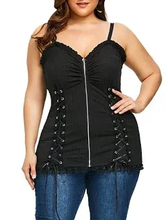 Nihsatin Women's Plus Size Lace Up Ribbed Tops Casual T-shirts Gothic