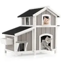 Tangkula 2-Story Outdoor Cat House with Removable Floor, Wooden Feral Kitty Shelter Condo with Weatherproof Asphalt Roofs, Escape Doors, 2-Tier Platform, PVC Curtains & Flower Box, Pet House Habitat