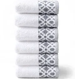 Market & Place 100% Turkish Cotton Luxury Hand Towel Set | Super Soft and Highly Absorbent | Textured Dobby Border | 550 GSM | Includes 6 Hand Towels | Nitra Collection (White/Dark Grey)