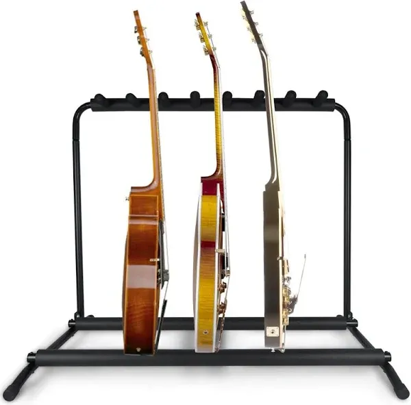 Pyle Multi-Guitar Stand 7 Slot Display Rack - Universal Framework Designed for Electric, Acoustic, Bass Guitars & Cases - Foldable, Portable, and Protective with No-Slip Non-Scratch Padding - Black