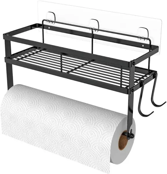 Esow Paper Towel Holder with Shelf Storage Adhesive Wall Mount 2-in-1 Basket Organizer for Kitchen & Bathroom