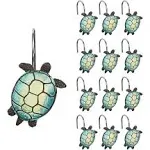 Sunlit Sea Turtle Shower Curtain Hooks, Home Decorative Shower Curtain Rings for Bathroom, Resin, Ocean Shower Curtain Hanger Hooks for Kid Room Living Room, Set of 12