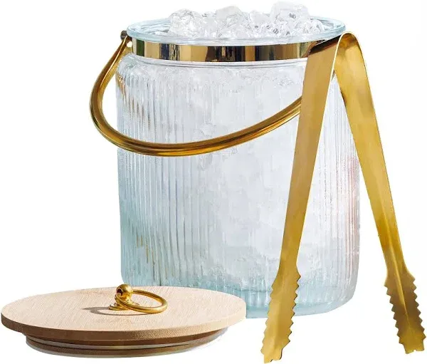 Glass Ice Bucket with Airtight Lid, Ice Tong Scooper and Handle - 3L Ribbed Beverage Tub Cocktail Home Bar Accessories, Wine, Beer - Chiller for Parties, Champagne Drink Tub Cooler with Hinged Handles