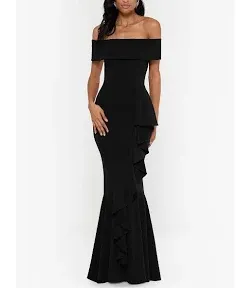 Betsy & Adam Womens Crepe Off-The-Shoulder Evening Dress Black 4